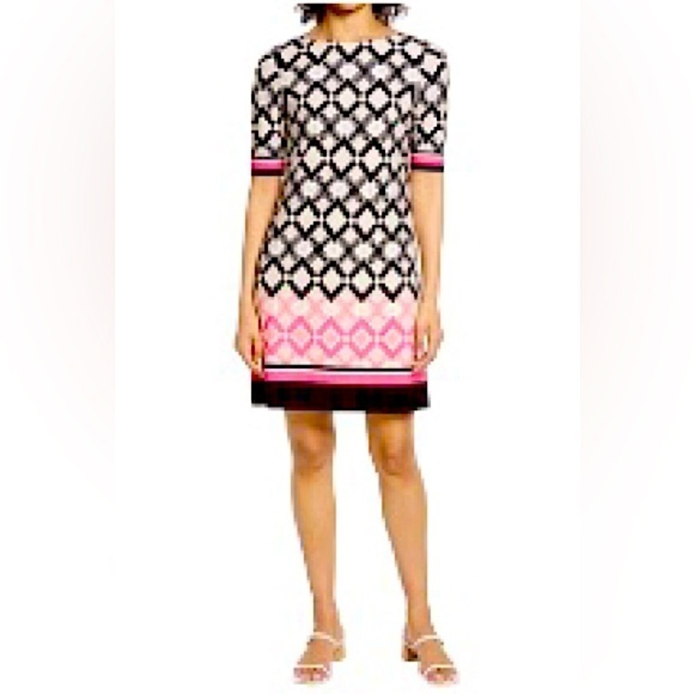 Eliza J Stretch Black, Pink white  Diamond Print Shift Dress Size 10